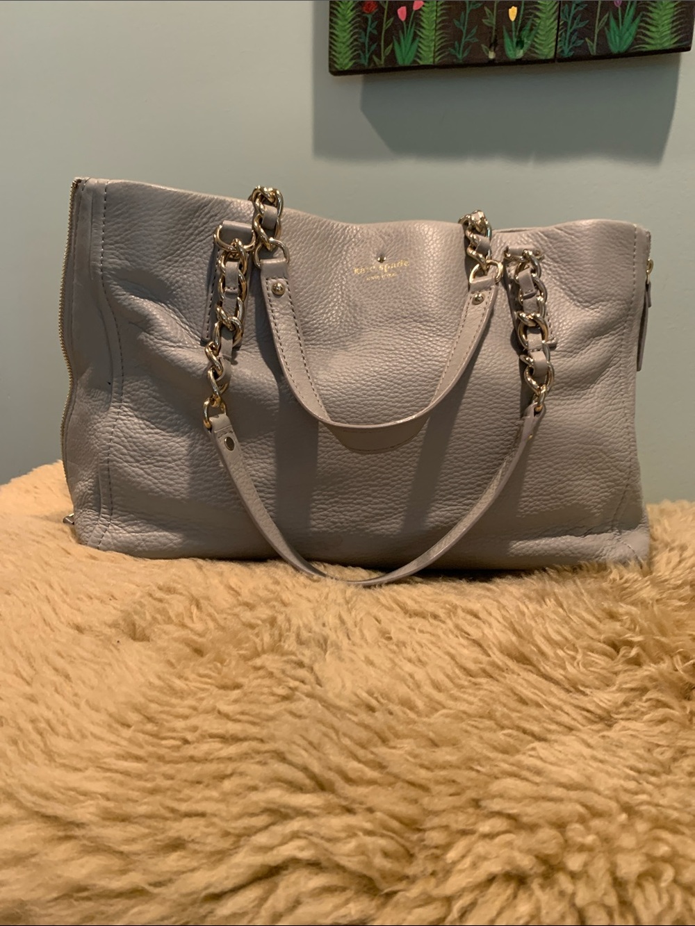 Kate Spade Pebbled Leather Tote in Dove Gray with Gold Chain Straps.